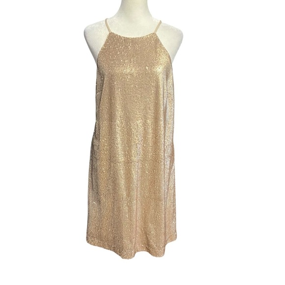 Halston Heritage Gold Sequin Halter Mini Dress Size 10 Champagne Party Cocktail - Picture 2 of 9